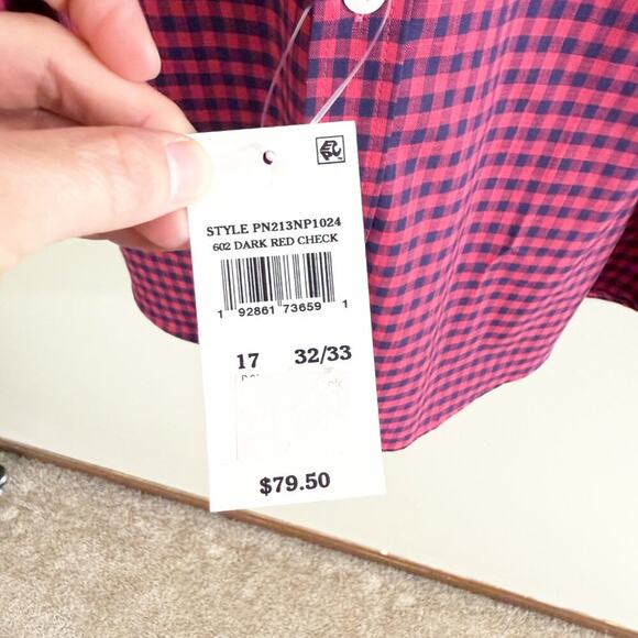 NWT Original Penguin Red & Navy Gingham Plaid Heritage Slim Fit Shirt Size 17 - Picture 4 of 8